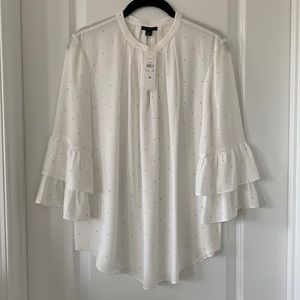 NWT ANN TAYLOR Pleated Detail 3/4 Ruffle Sleeves Polka Dot Print Blouse Size M